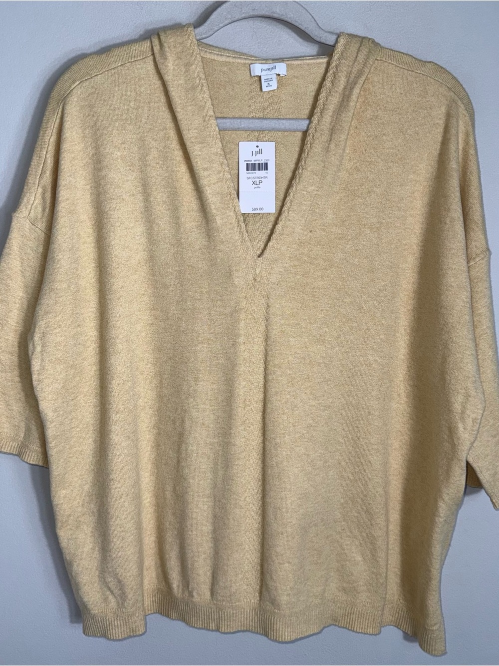 J Jill Pure Jill Pullover Hooded Sweater-V Neck-Elbow Sleeves-Yellow-PXL-NWT